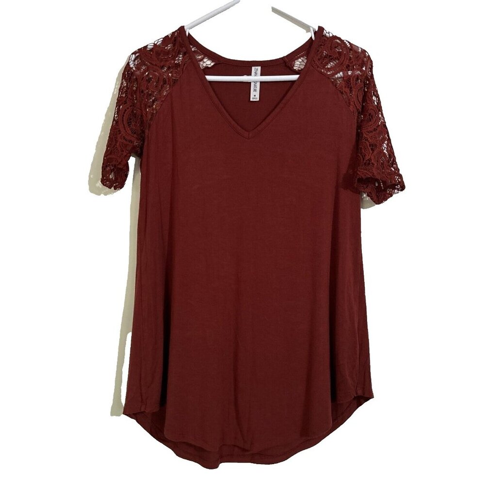 Zenana Signature Red Blouse Dress Shirt Tunic Top Lace Short Sleeve Medium
